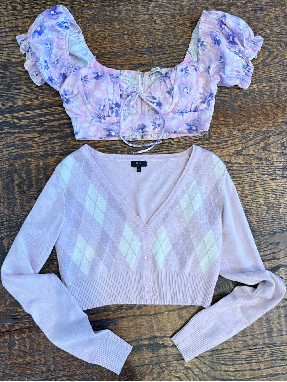 Light Purple/Pink Argyle Crop Cardigan & super cute cropped top- size Medium